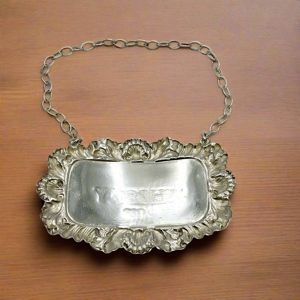 Back of decanter label on a wo table