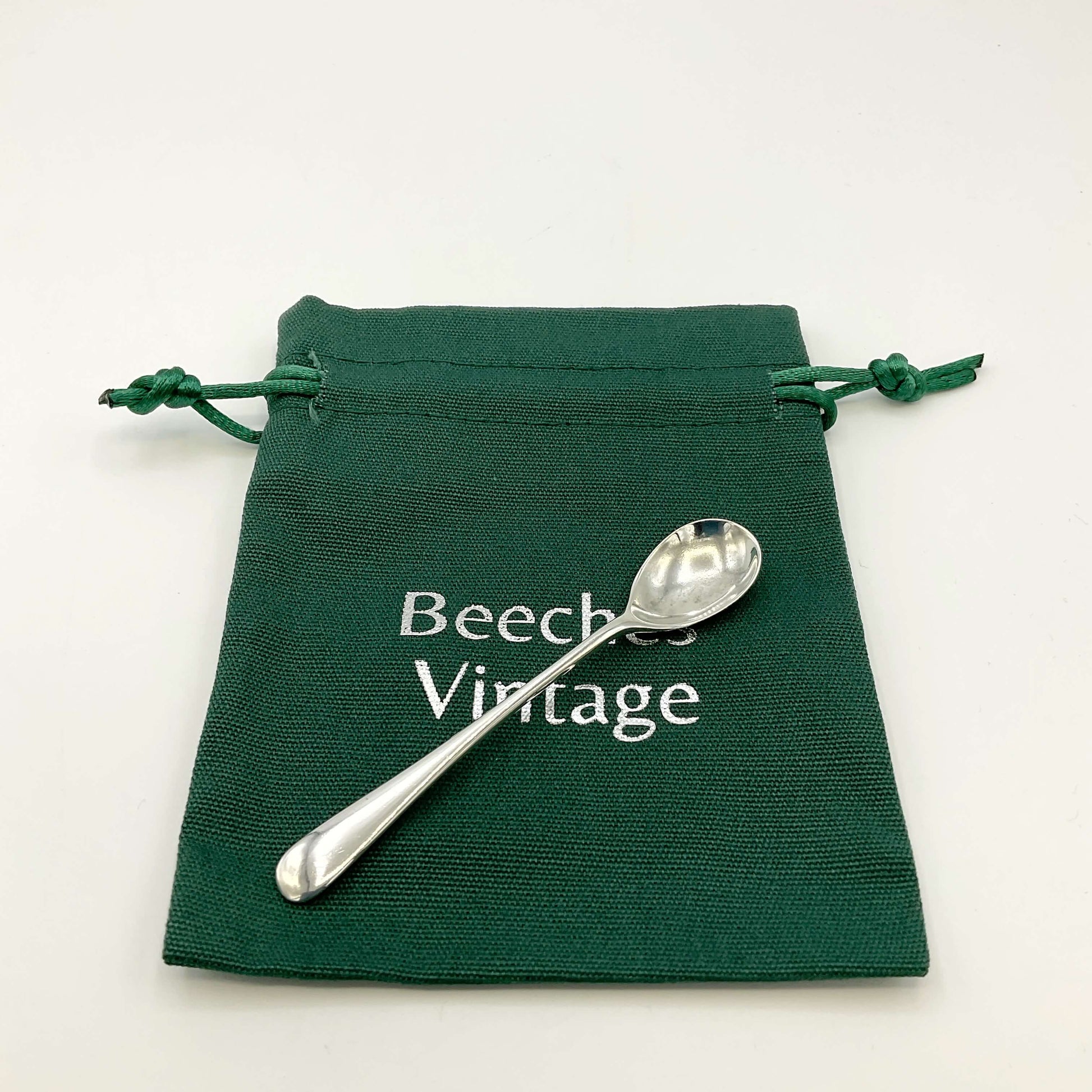 Silver salt spoon on a green gift bag and a white background 