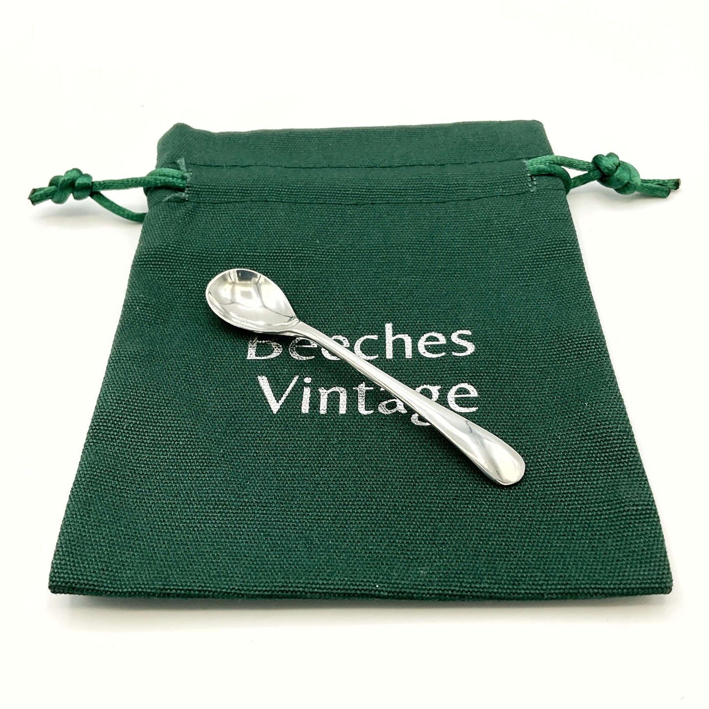 Silver salt spoon on a green gift bag and white background 
