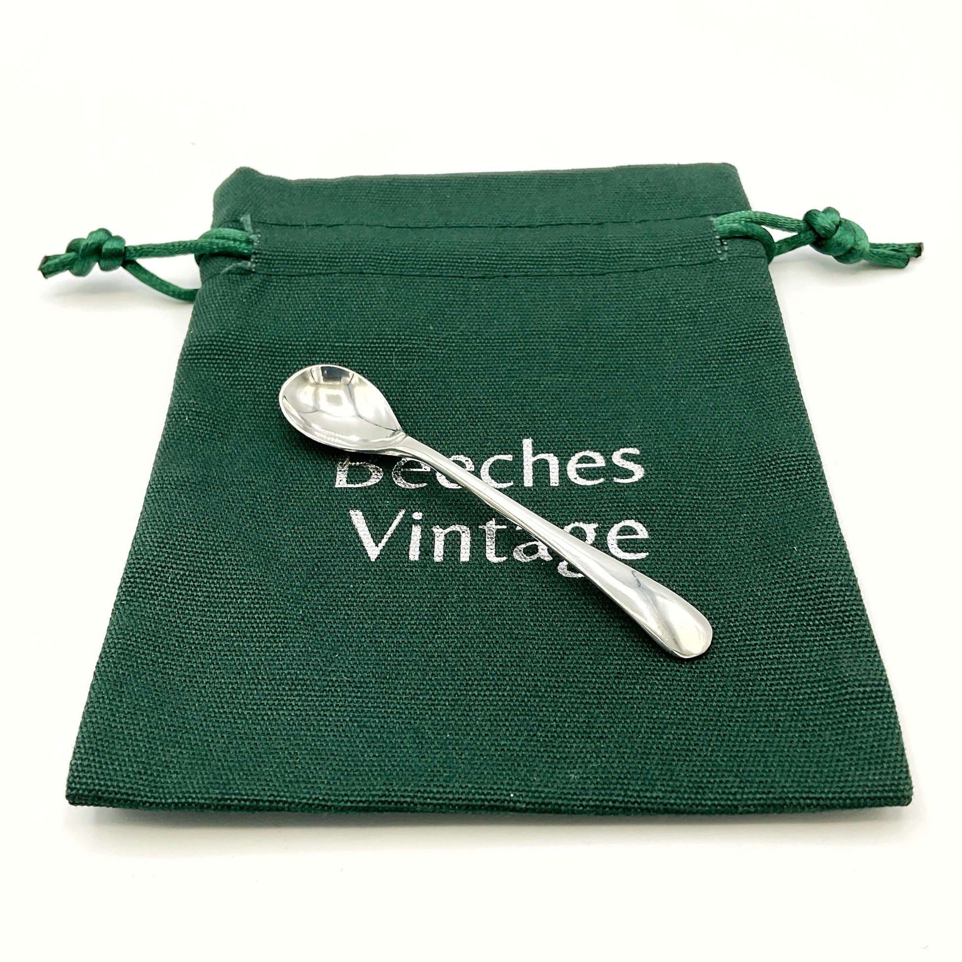 Silver salt spoon on a green gift bag and white background 