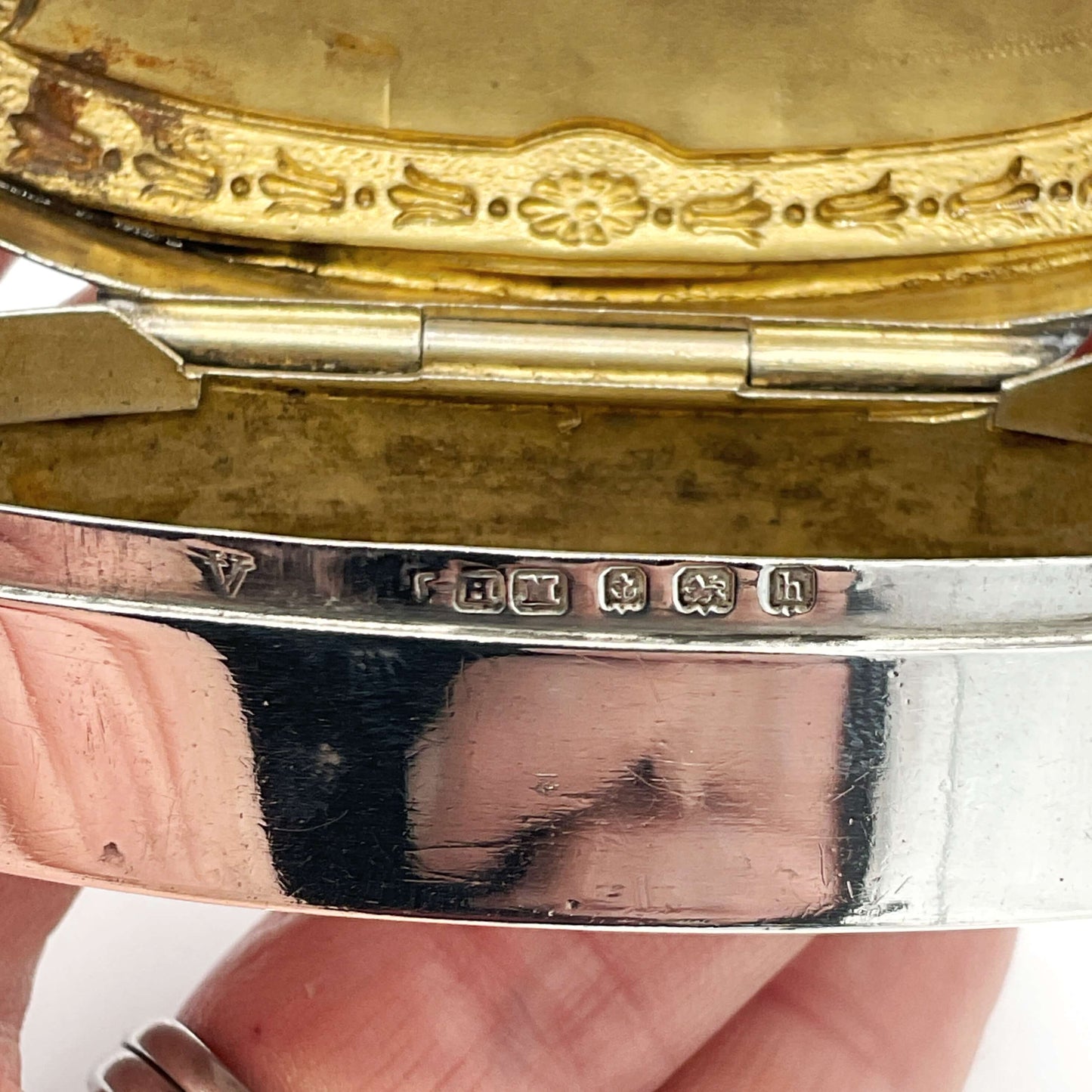Hallmarks and maker’s mark on side of antique jewellery box