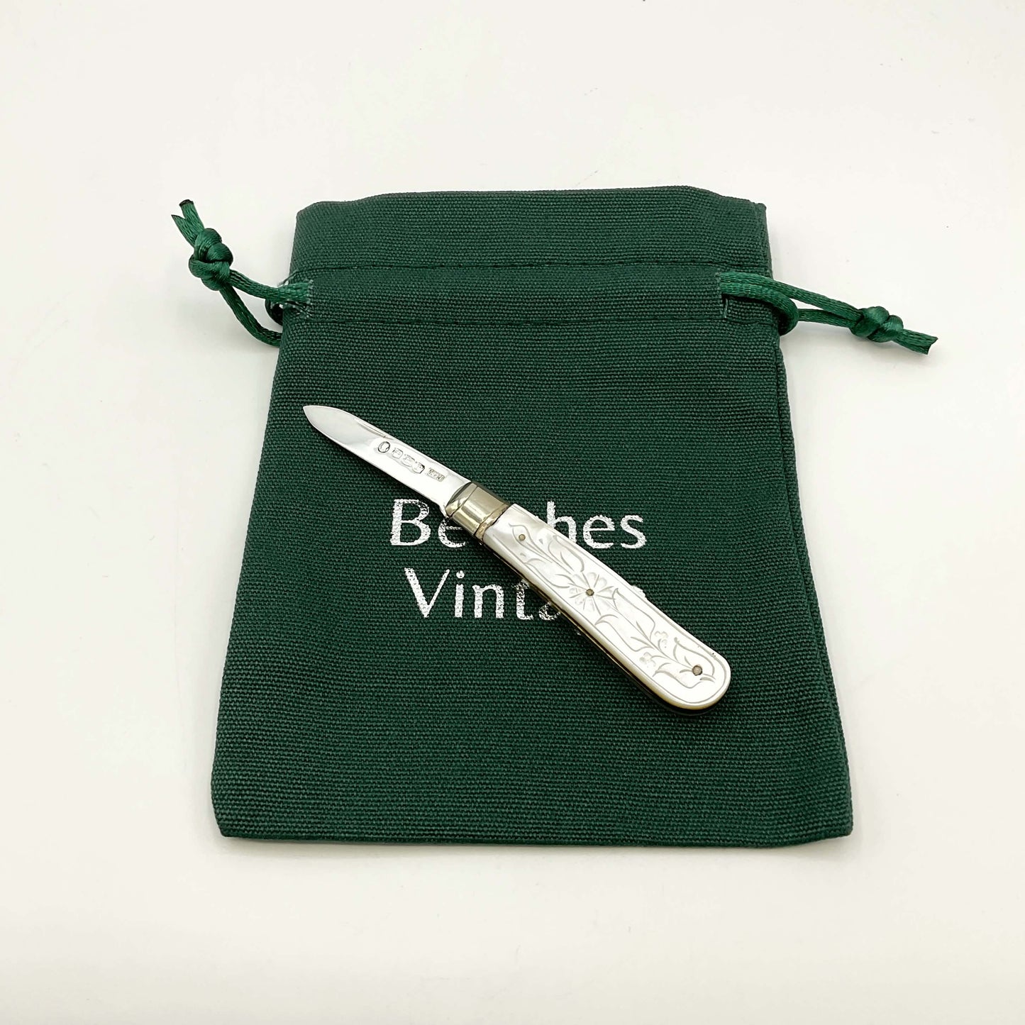 Silver fruit knife on a green gift bag and white background 