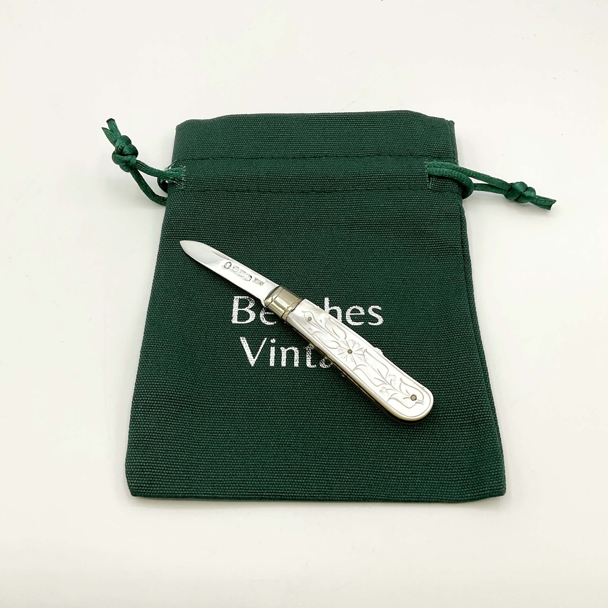 Silver fruit knife on a green gift bag and white background 