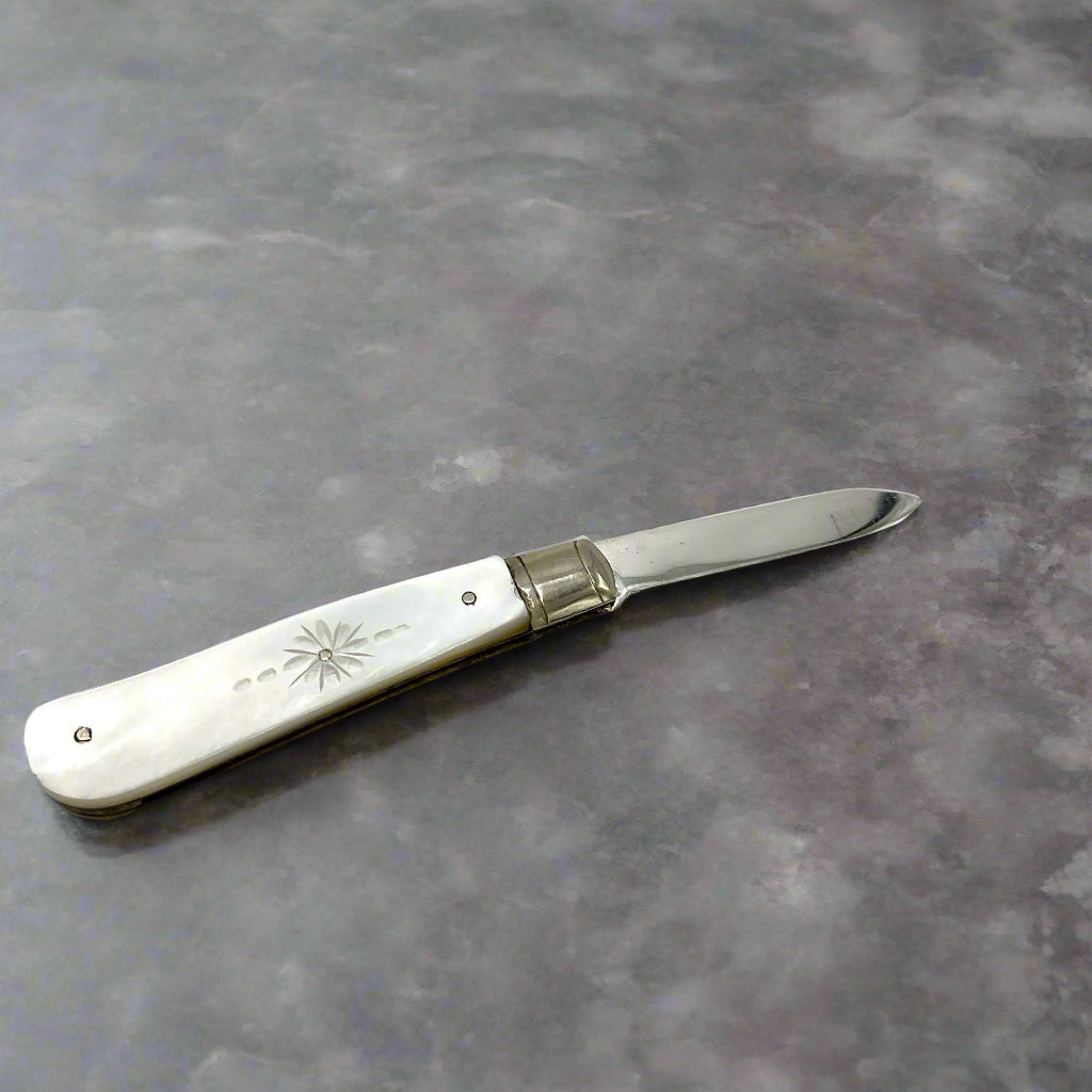 Side of silver fruit knife on a granite worktop