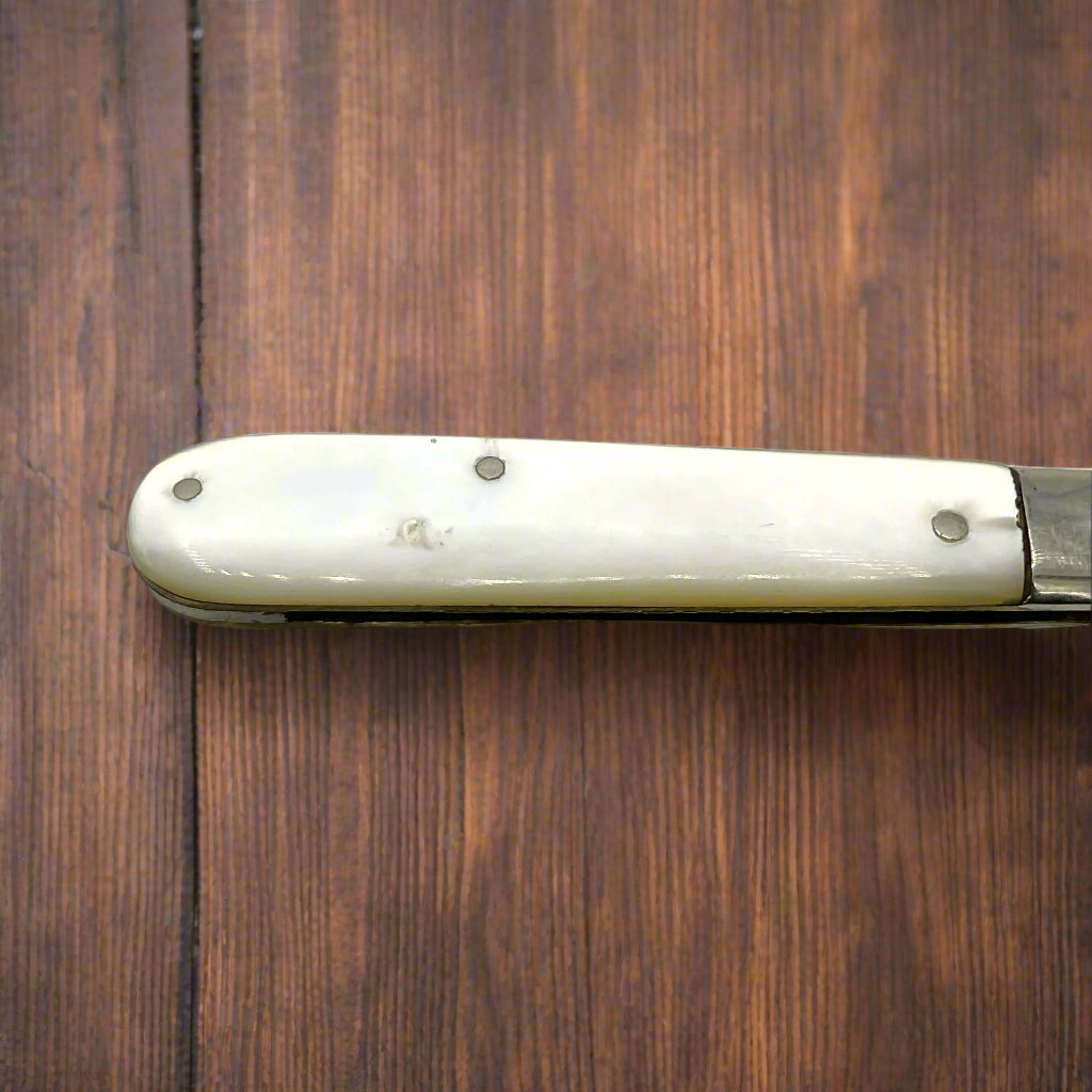 Mother of Pearl handle of a fruit knife on an old wooden table