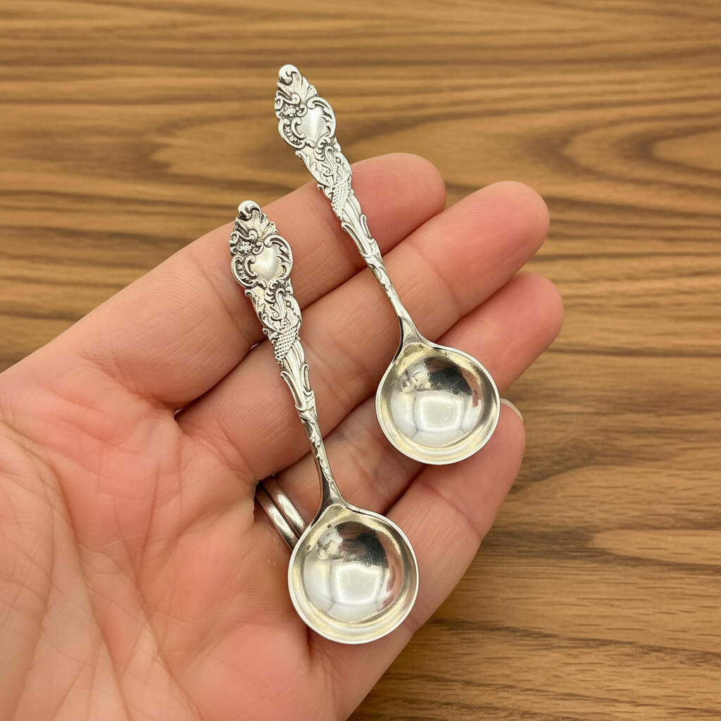Three silver ornate spoons held in a hand against a wooden background