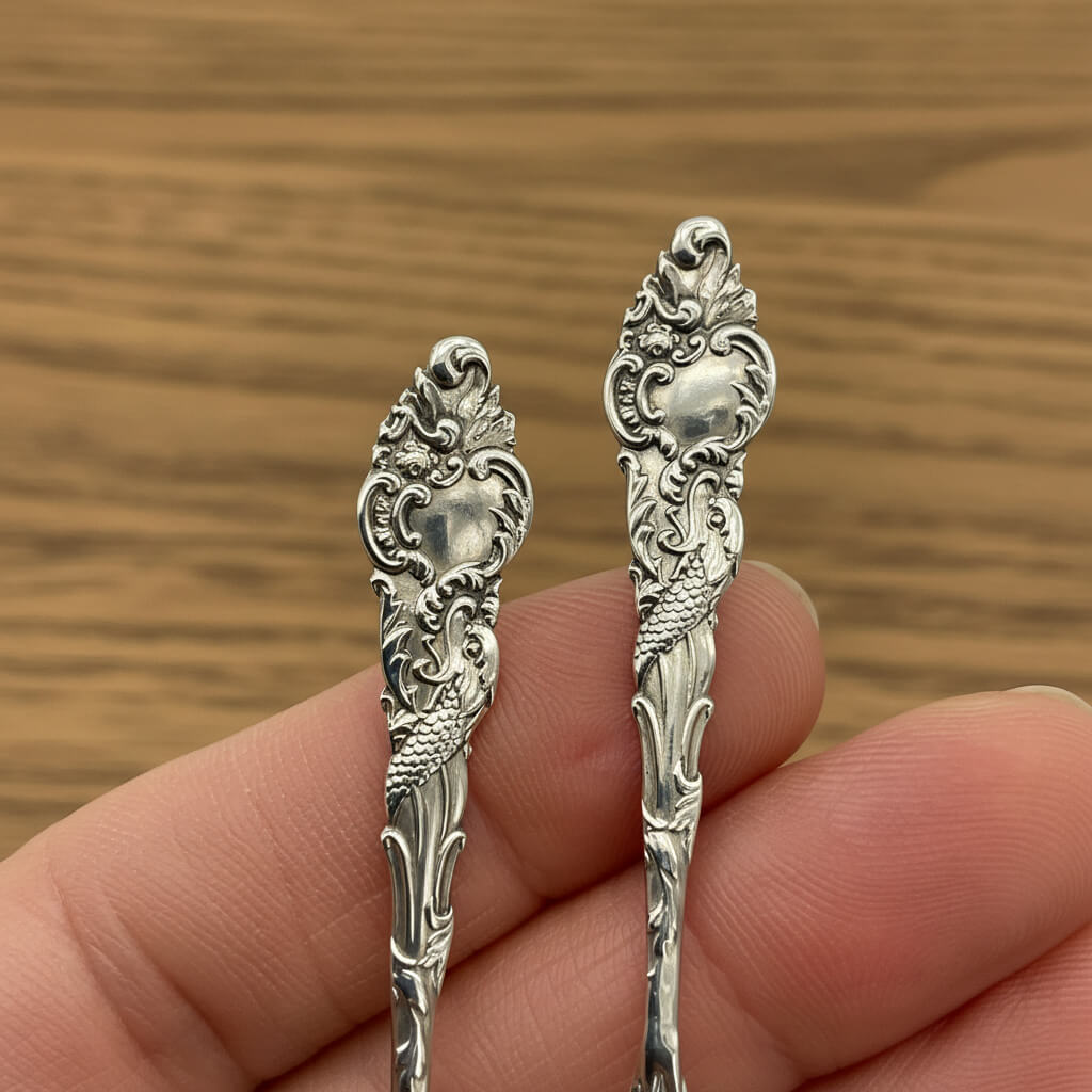 Two ornate silver spoons held between fingers against a wooden background