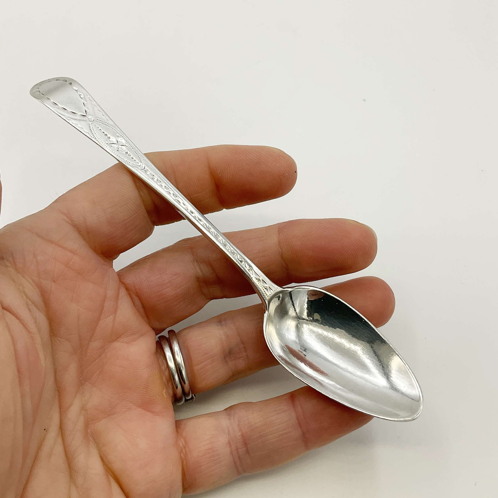Hand holding a silver spoon against a white background