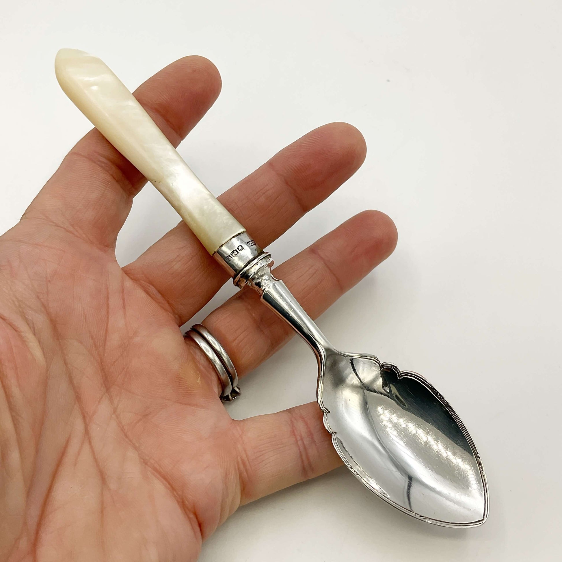 Hand holding a silver spoon with a decorative handle against a white background