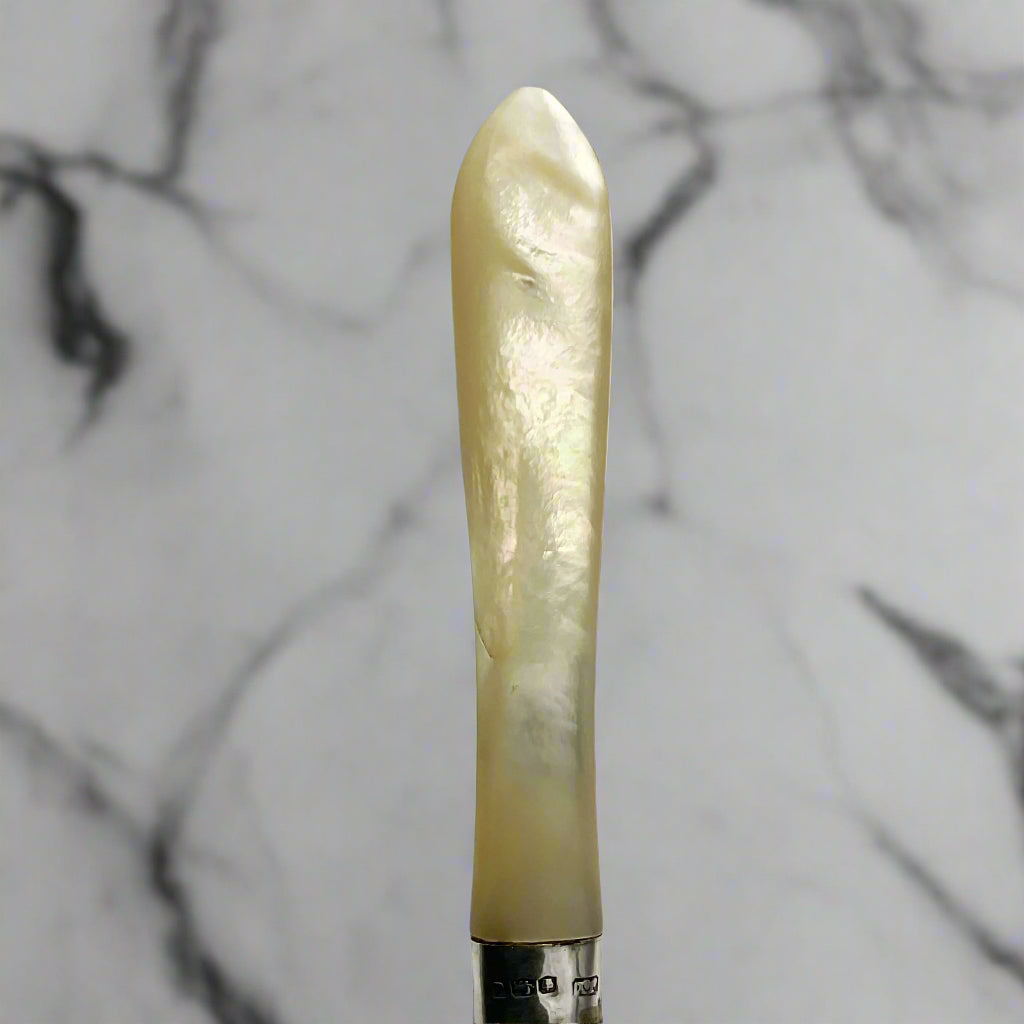 Pearl handled spoon with marble worktop backgrund