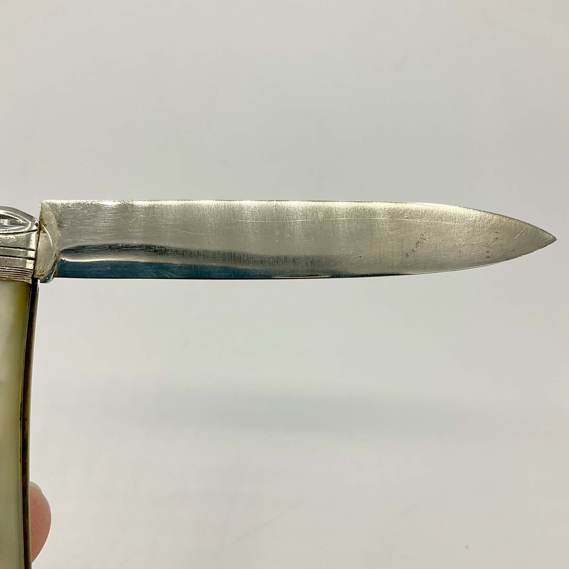 Close-up of a silver knife blade on a light gray background