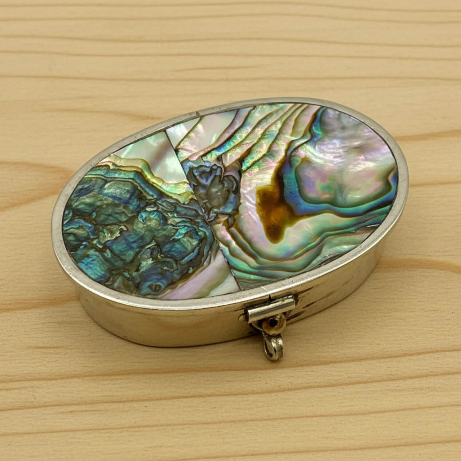 Mexican Abalone Shell Pill Box on wood table