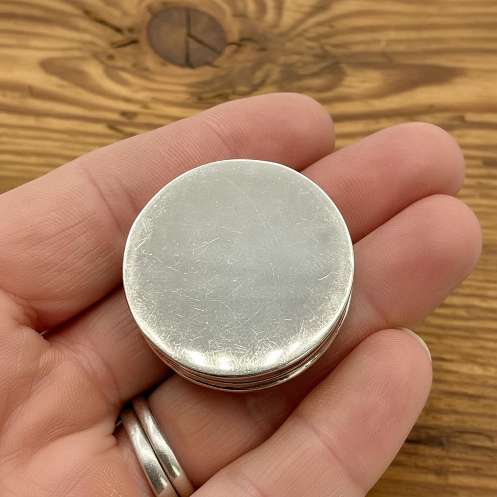 A round silver pill box upside down resting on a person's fingers, with a wooden surface in the background.