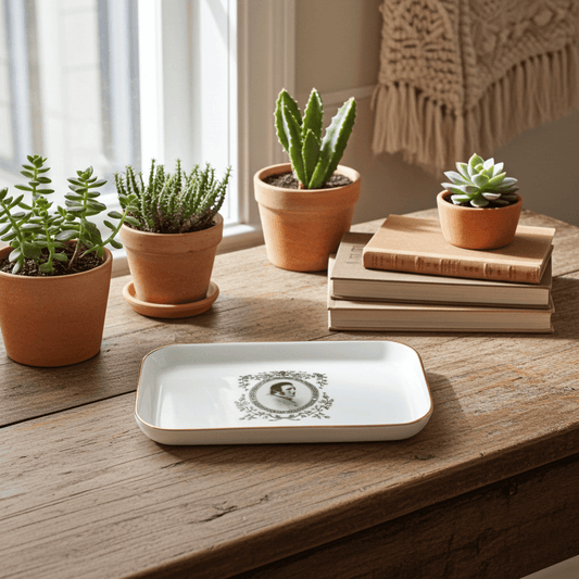 Decorative tray on a wooden table with potted plants and books