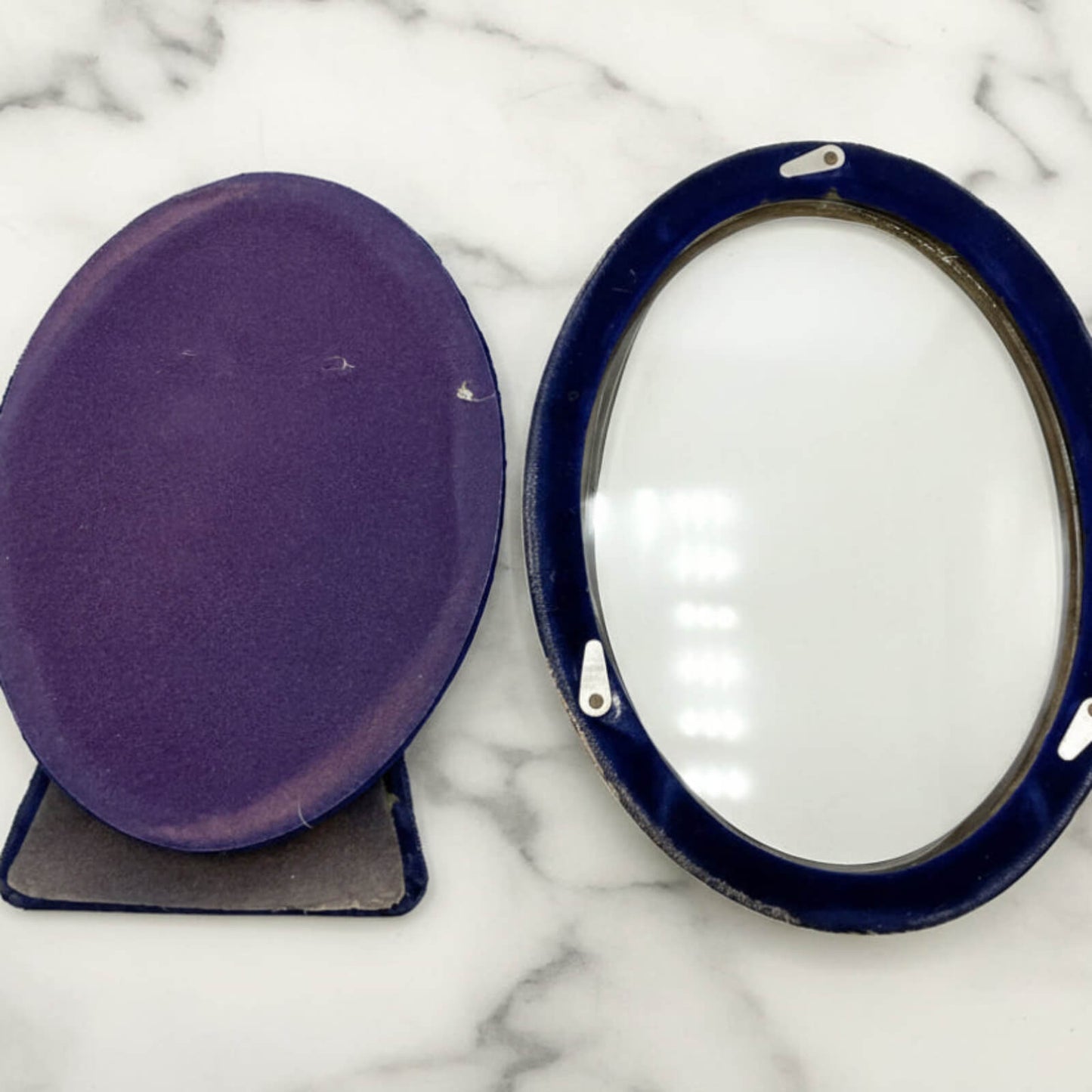 back open of blue velvet silver photo frame