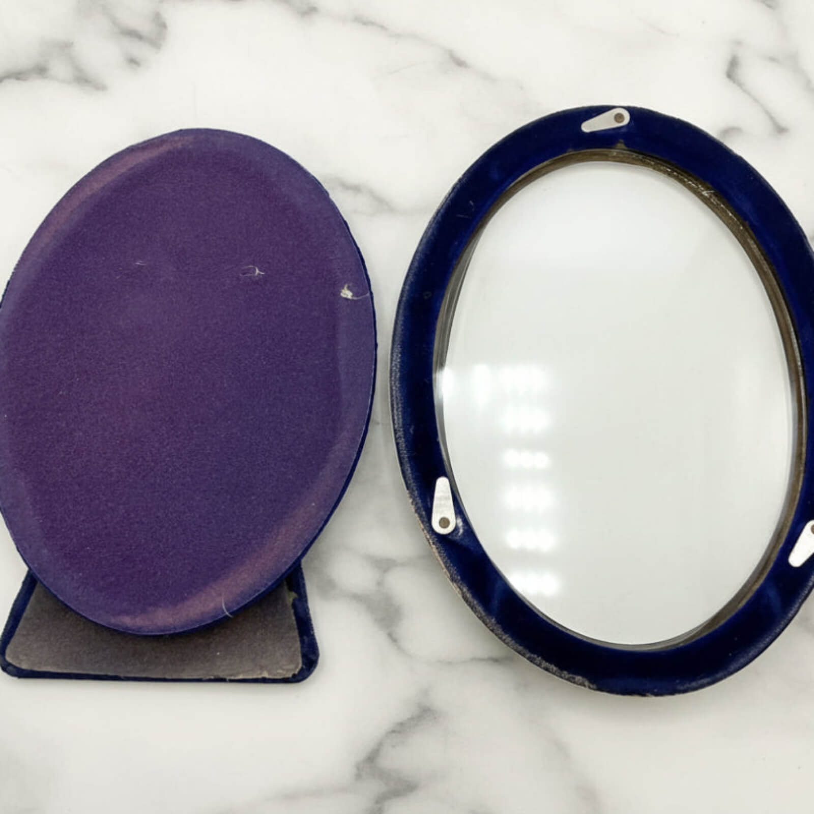 back open of blue velvet silver photo frame