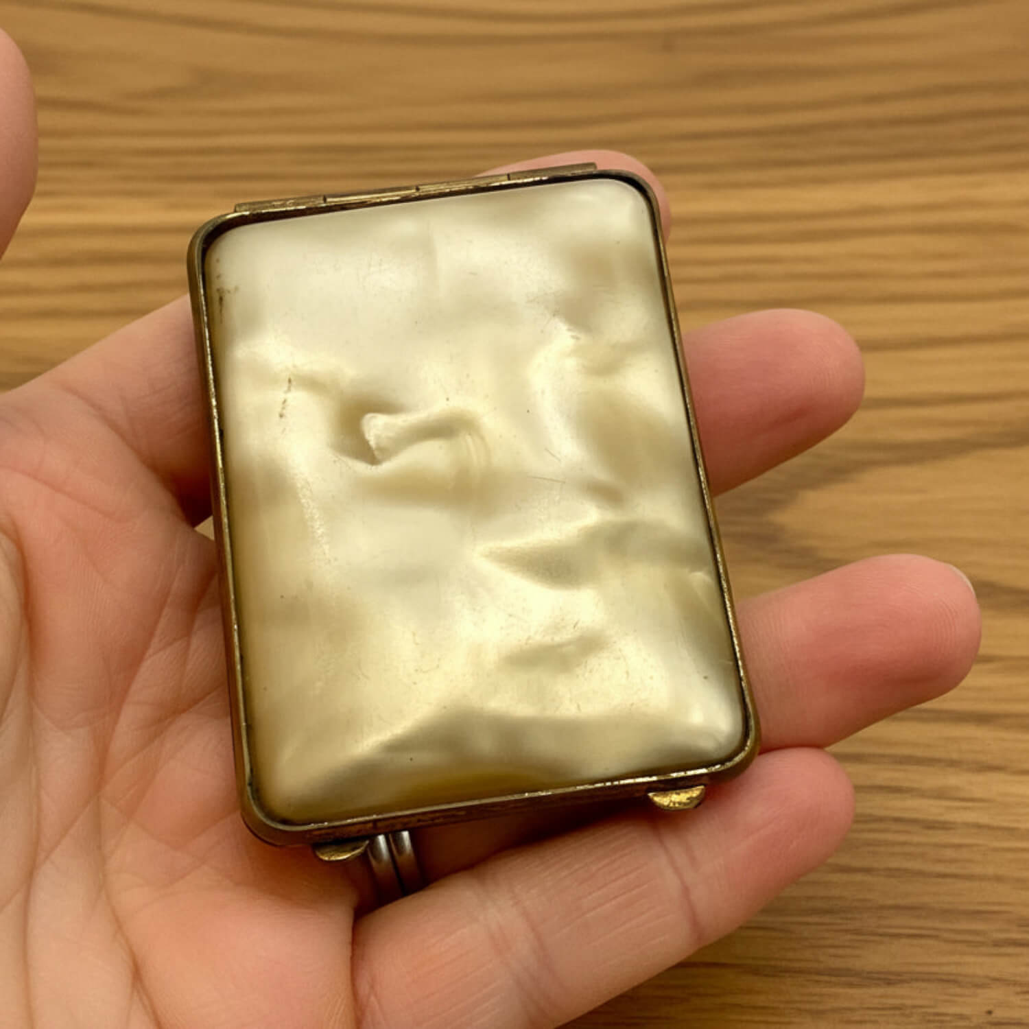plastic case held in a hand on a wooden surface