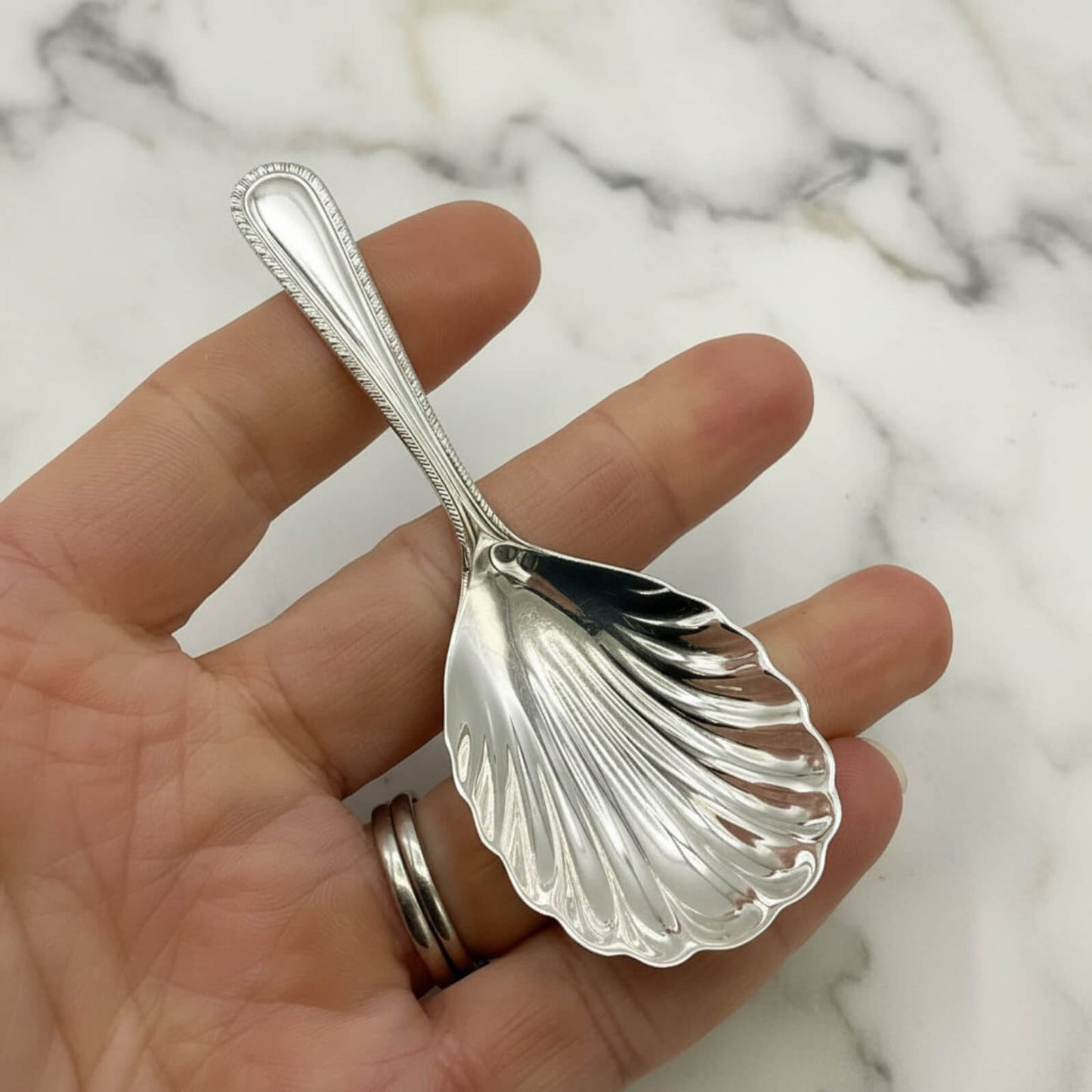 Silver shell-shaped spoon held in a hand against a marble background