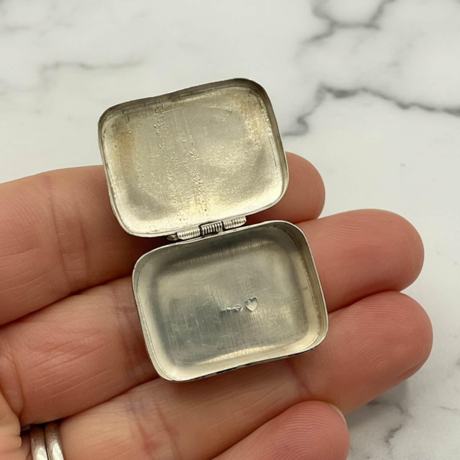 Vintage Black Gemstone Silver Pill Box held in hand