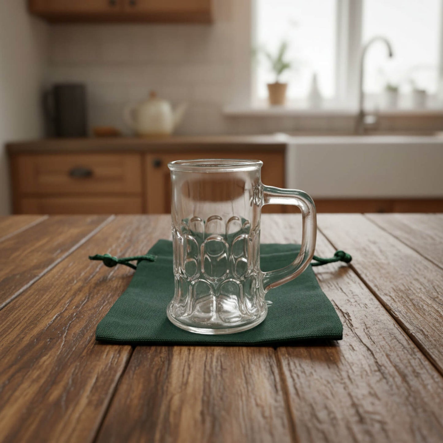 Clear glass mug on a green coaster on a wooden table in a kitchen.