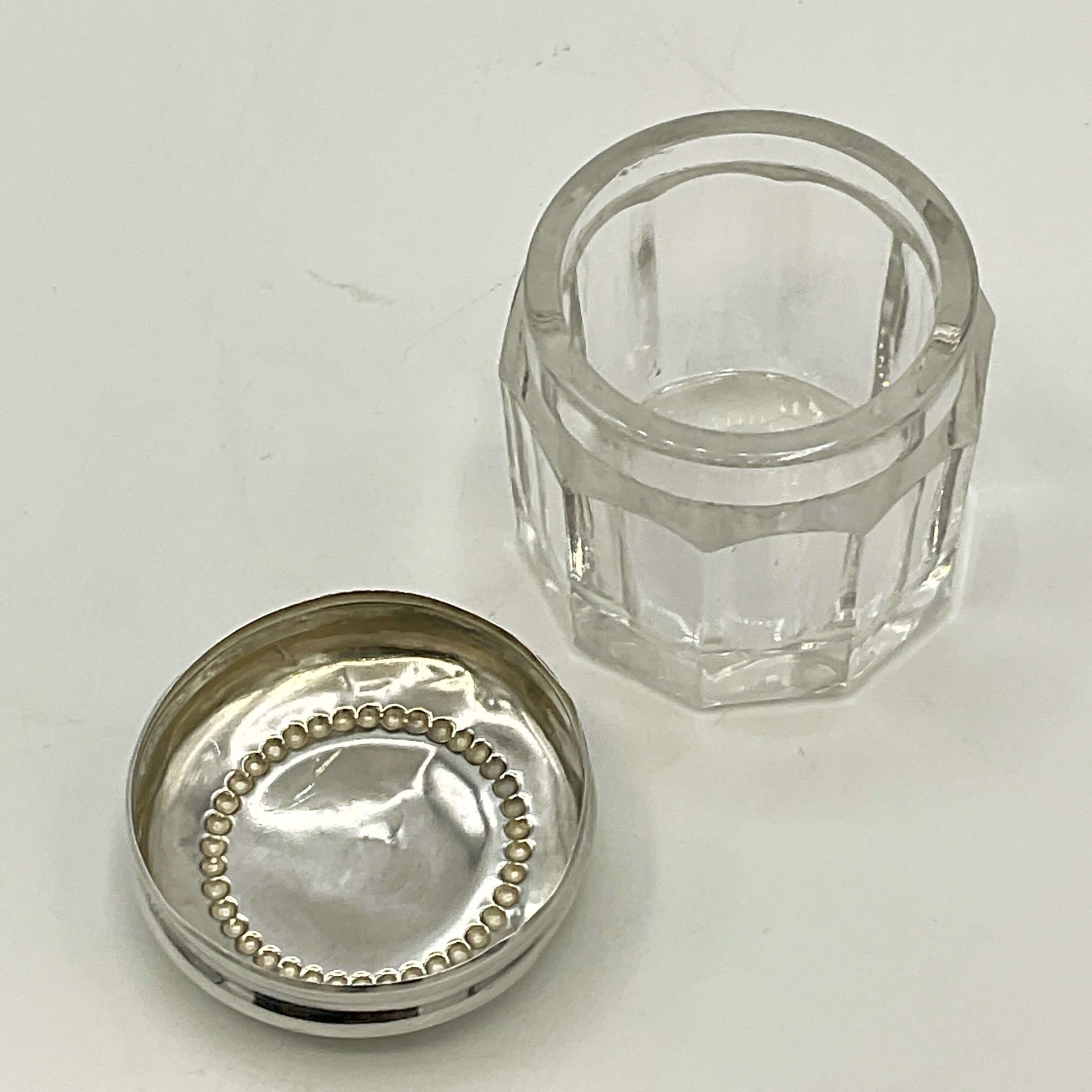 Vintage Small Sterling Silver Jar with lid off on a white background