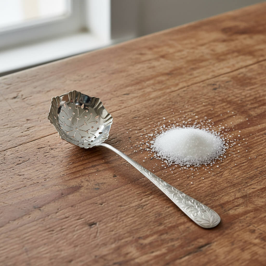 Silver sugar scoop with sugar crystals on a wooden surface