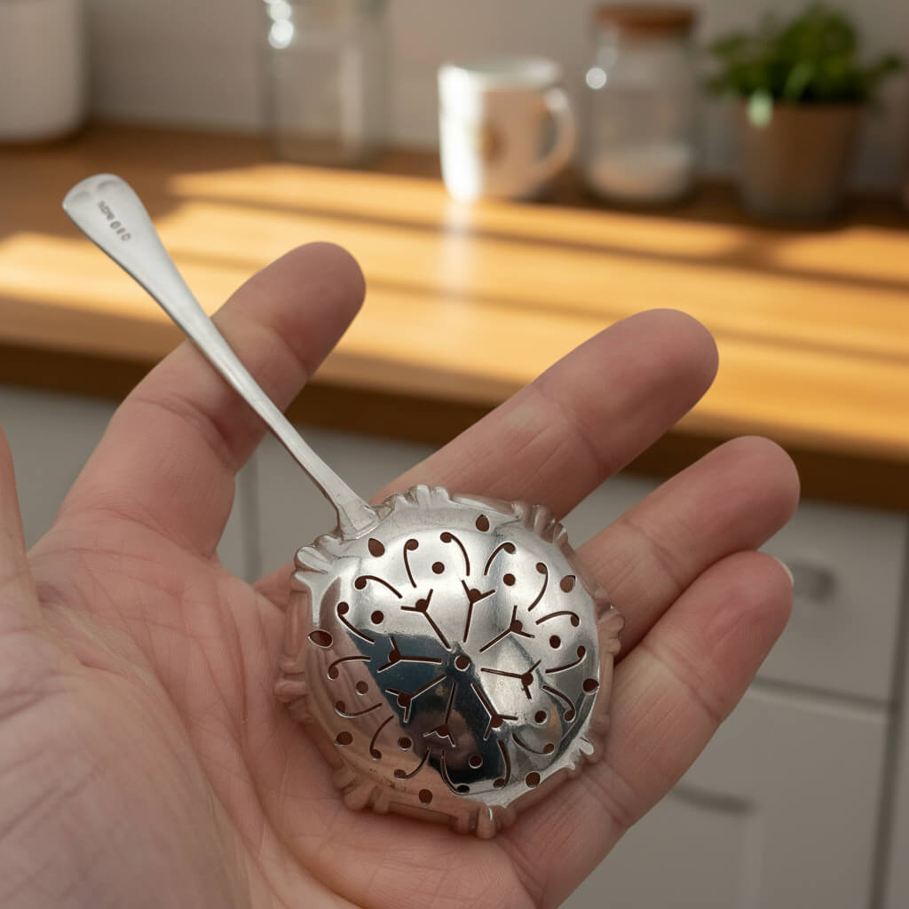 Hand holding a decorative silver spoon with intricate designs on a kitchen counter.