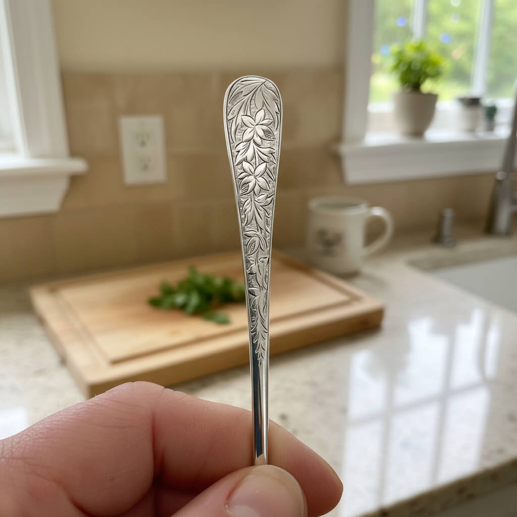 Silver decorative spoon handle held in a hand with a kitchen counter in the background
