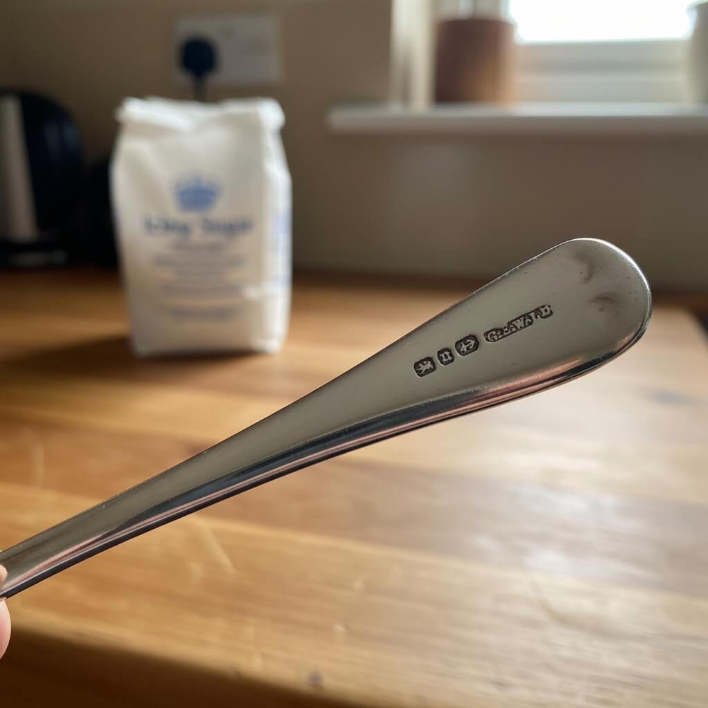 Silver spoon with engraved hallmarks on a wooden surface, with a bag of sugar in the background.