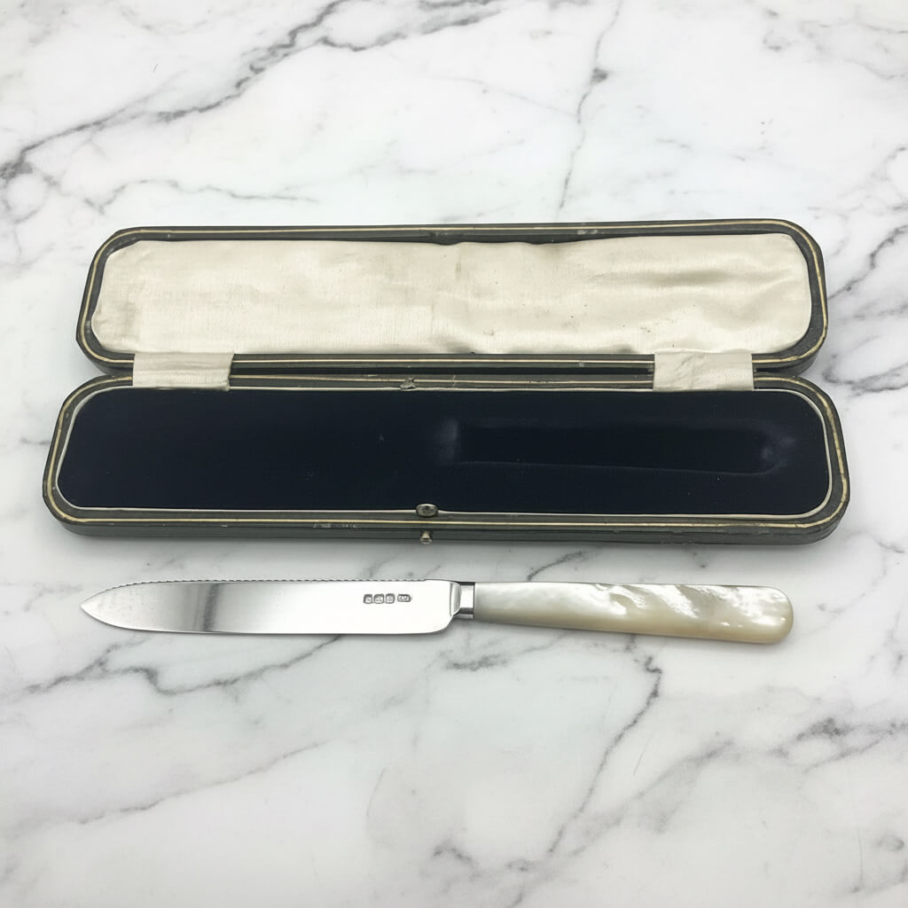 silver knife with mother of pearl handle next to it's presentation box on a marble worktop