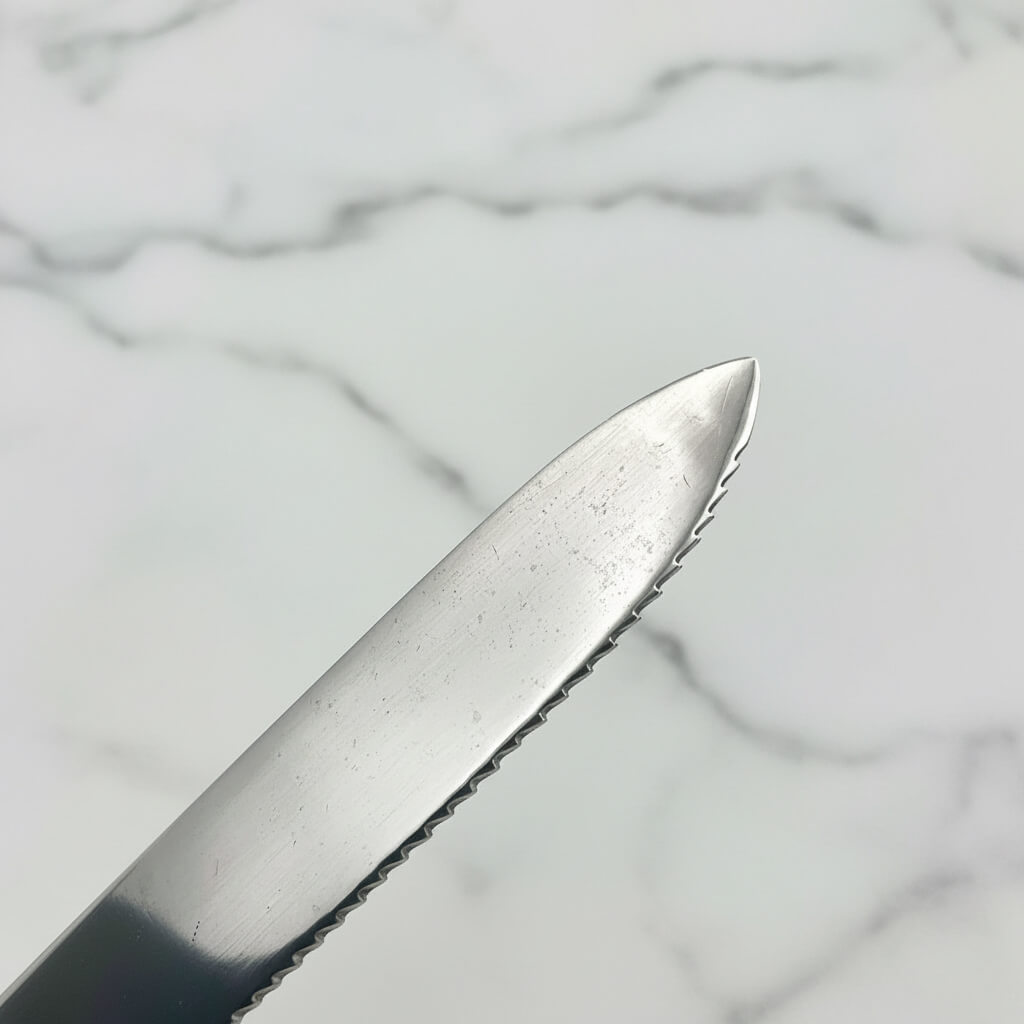 silver blade with serrated edge with a marble worktop