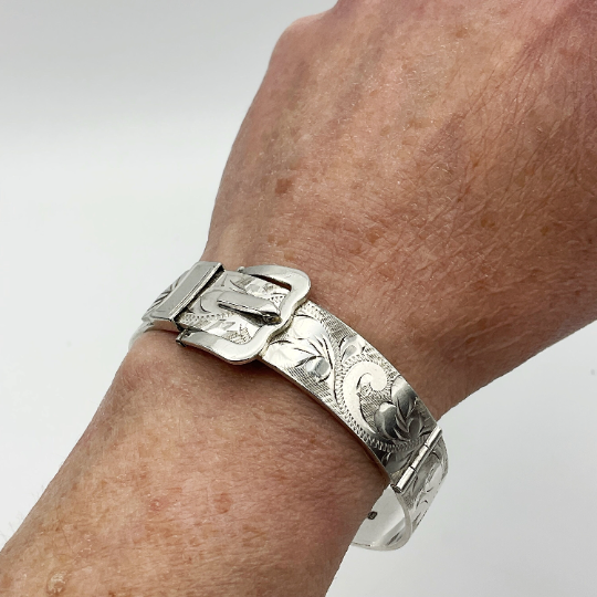 Vintage Sterling Silver Hinged Bracelet, Belt Buckle Bracelet