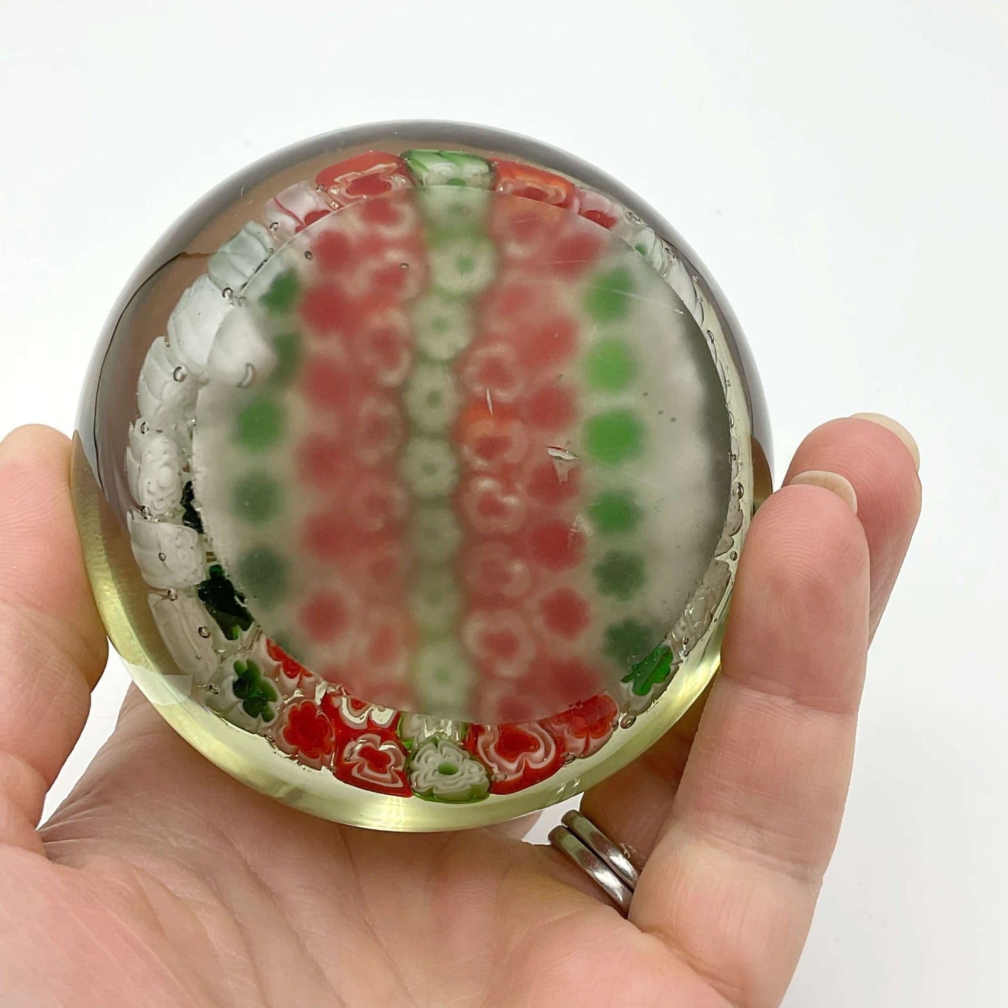 Millefiori Red Green and White Glass Paperweight