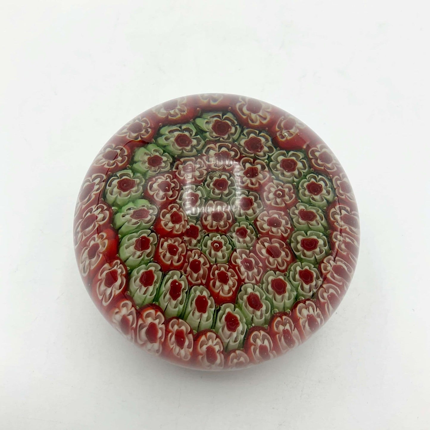 Round Millefiori Red and Green Glass Paperweight