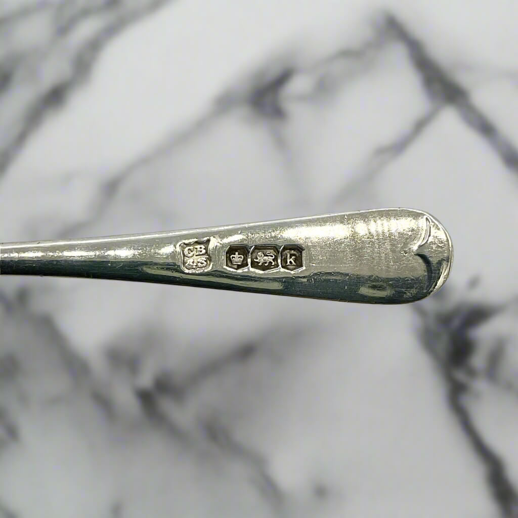 Close-up of a silver spoon with engraved details on a marble surface