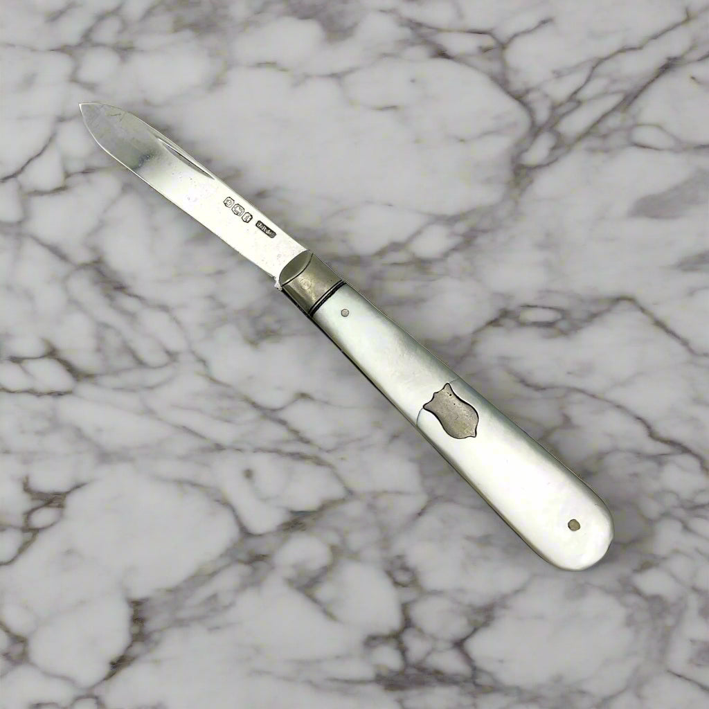 Antique Sterling Silver cheapest and Mother of Pearl Fruit Knife, Victorian Penknife. c1892