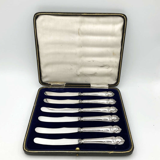 Boxed set of antique silver tea knives on a plain background 